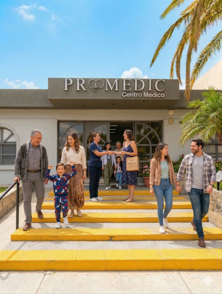 Fachada del Centro Médico Promedic con pacientes y profesionales